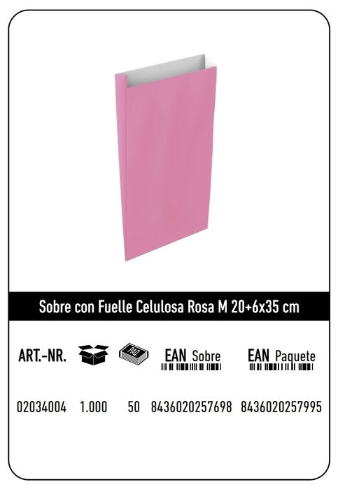 SOBRE CELULOSA M 20+6X35 ROSA PAQUETE 192U | 192 UNIDADES | (ANDINA) Imagen principal del producto