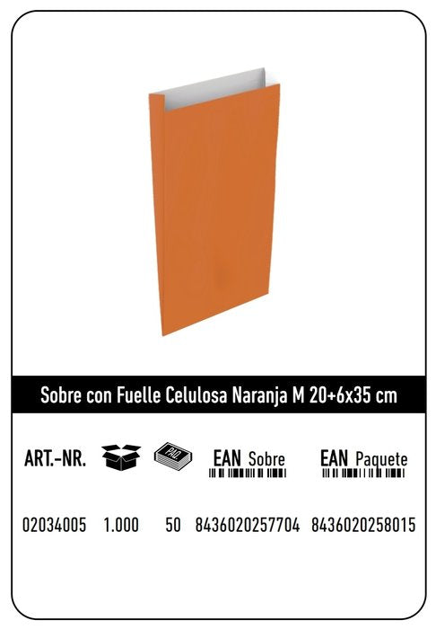 SOBRE CELULOSA M 20+6X35 NARANJA CAJA 250 UNIDADES | 250 UNIDADES | (ANDINA) Imagen principal del producto