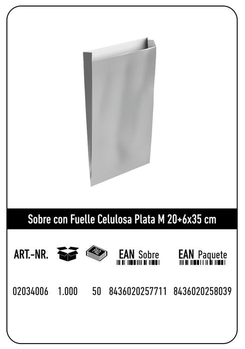 SOBRE CELULOSA M 20+6X35 PLATA CAJA 192 UNIDADES | 192 UNIDADES | (ANDINA) Imagen principal del producto