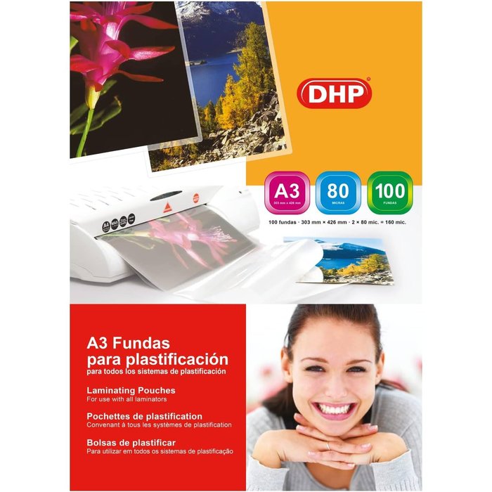 FUNDA PLASTIFICAR A3 DHP 80 MIC 303X426MM C/100 BRILLO | 100 UNIDADES | (DHP COMERPA SLU) Imagen principal del producto
