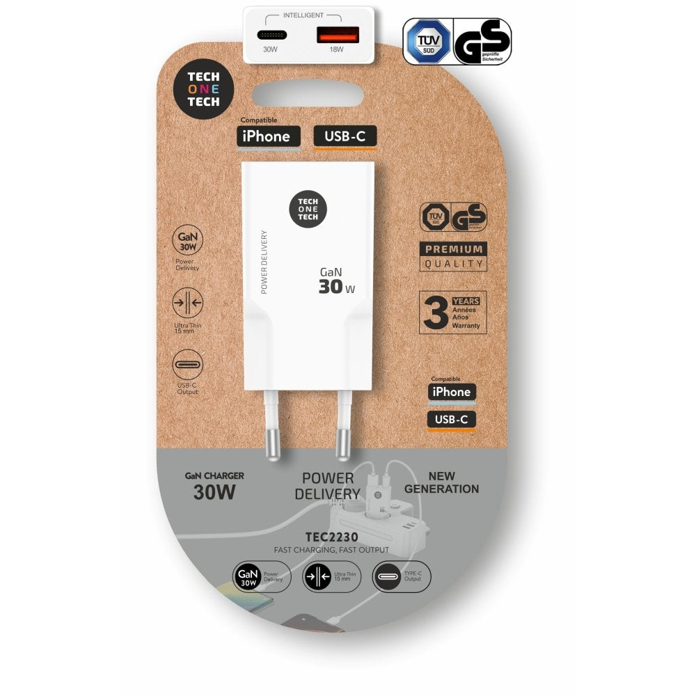 Cargador Ultrarrápido 30W Usb-C y Usb-A Blanco Tech One Tech