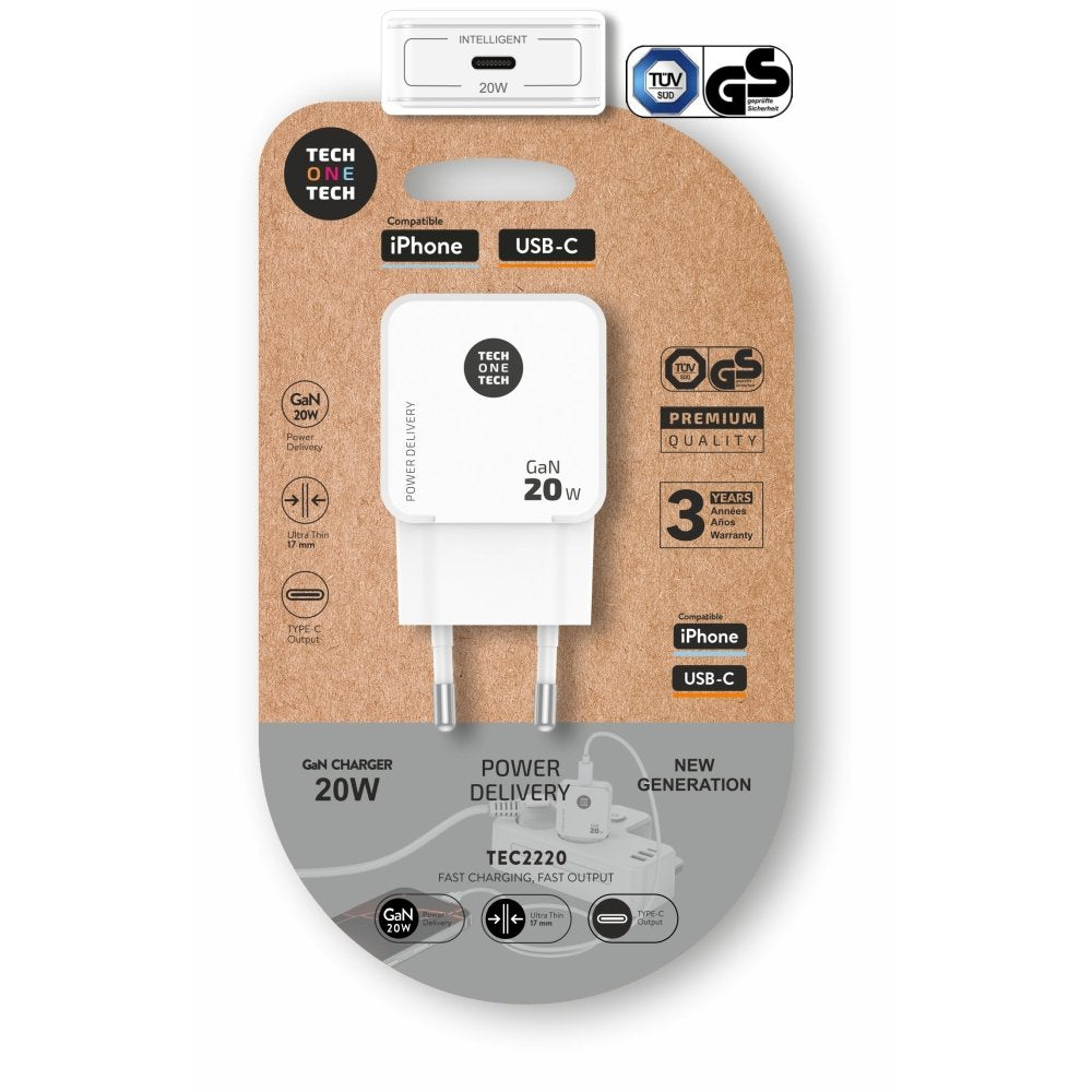 Cargador Ultrarrápido Gan 20W Usb-C Blanco TECH ONE TECH