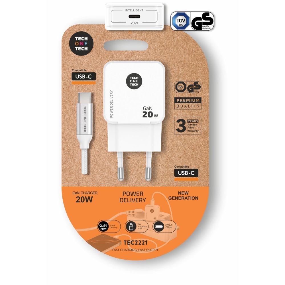 Cargador Ultrarrápido Gan 20W Blanco con Cable USB-C TECH ONE TECH