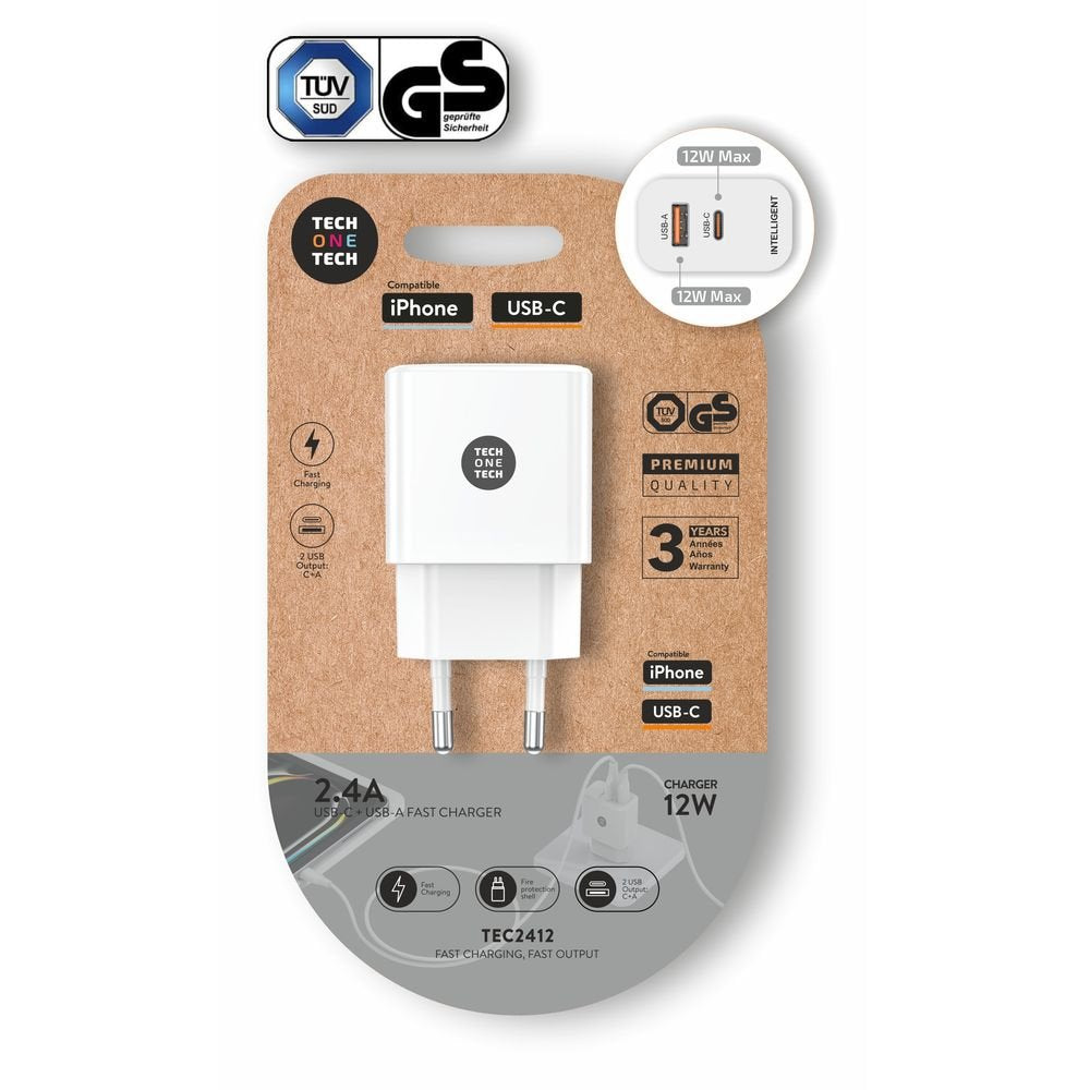 Cargador 12W Salida Usb-c+usb-a Blanco TECH ONE TECH