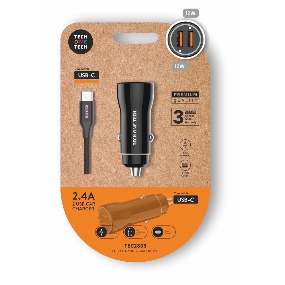 Cargador Mechero Coche y Cable Usb-C Negro 12W TECH ONE TECH