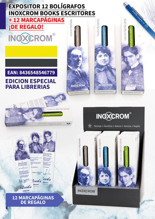 Expositor 12 bolígrafos Inoxcrom Books Escritores
