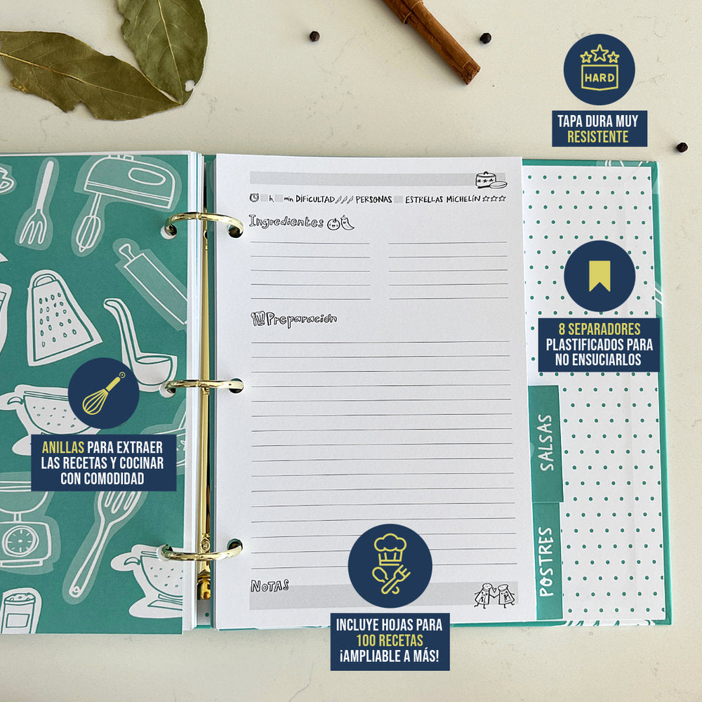 RECETARIO ARCHIVADOR TURQUESA | Caja regalo con separadores y hojas para recetas - PEDRITA PARKER