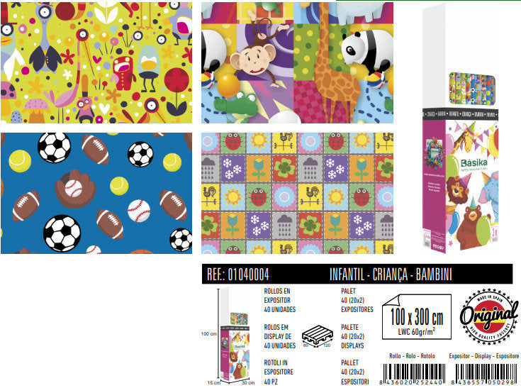 PAPEL REGALO ROLLO 100X300CM INFANTIL SURTIDO | ANDINA | ENVASE 40 UDS. UNIDAD | 8436557050298 Imagen principal del producto