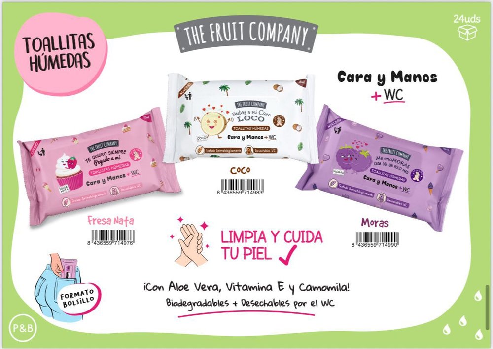 Toallitas Manos Coco Manos Cara + WC 15 uds The Fruit Company (Pack 24 uds)