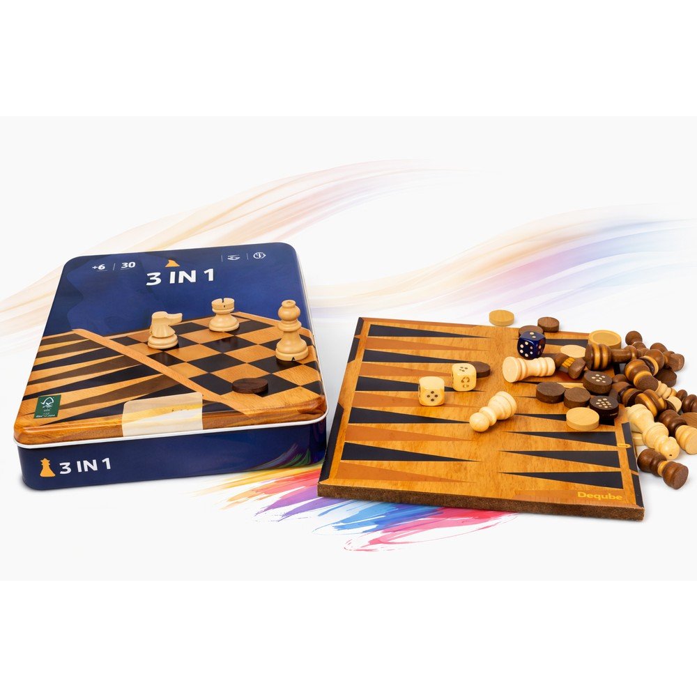 Set Ajedrez y Damas Backgammon Metal Box 3 en 1 DEQUBE Imagen principal del producto