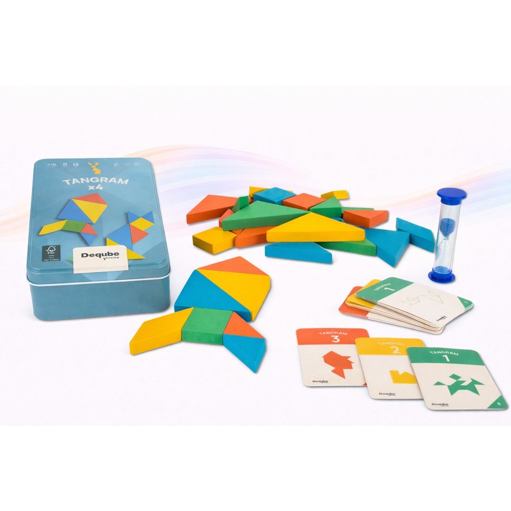 Juego 4 Tangram Madera Caja Metal con Reloj y Cartas DEQUBE Imagen principal del producto