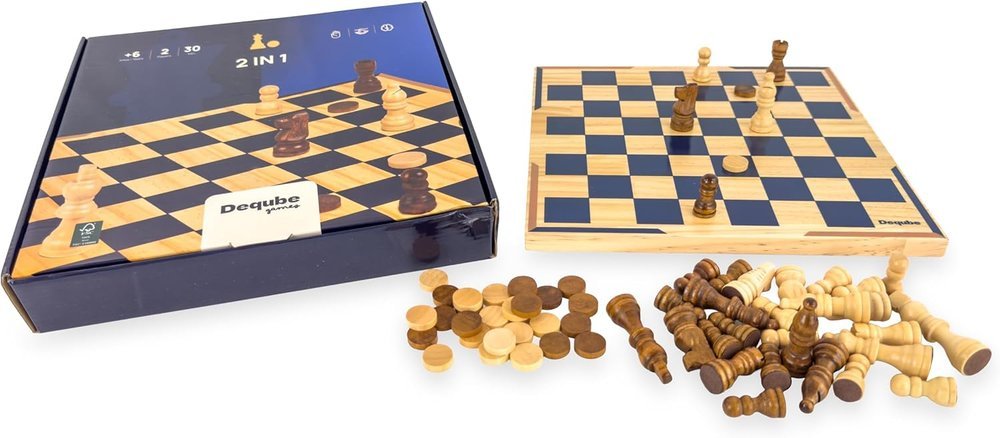 Juego de Mesa Ajedrez Damas Madera Dos en Uno Marca Deqube Imagen principal del producto
