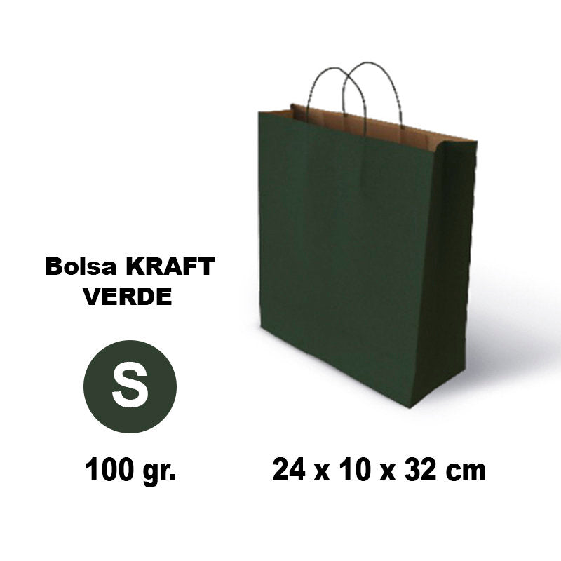 Bolsa Kraft Verde S 24x10x32 100 g GRAFOPLAS Pack 25 unidades Imagen principal del producto
