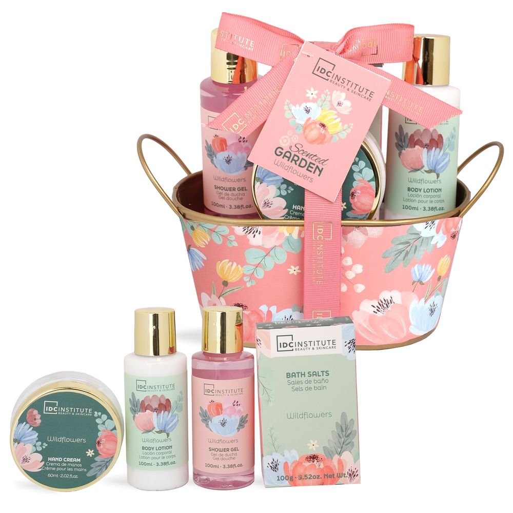 Cesta metálica perfumada Garden con gel, crema y bomba baño