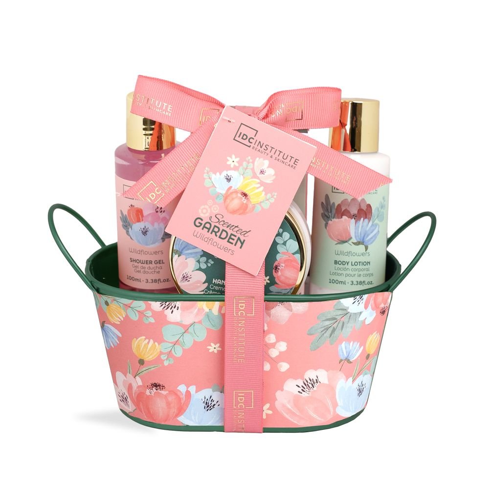 Cesta metálica perfumada Garden con gel, crema y bomba baño