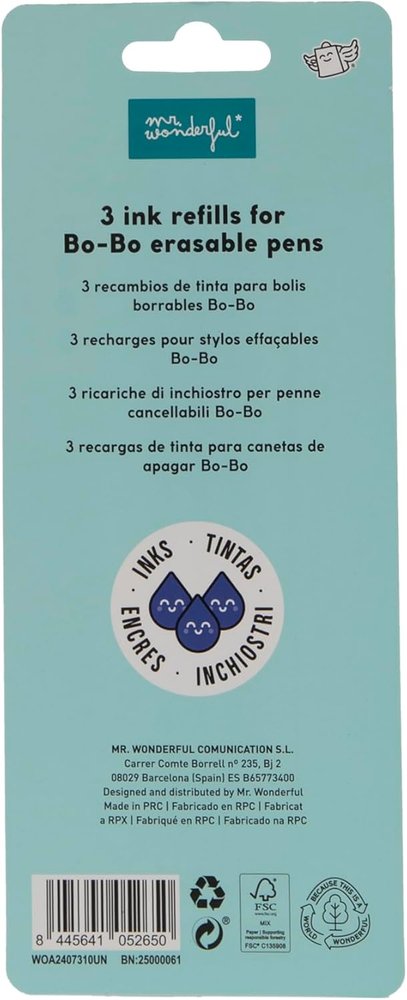 Set de 3 recambios borrables BO-BO tinta azul Mr Wonderful (Pack 10 uds)