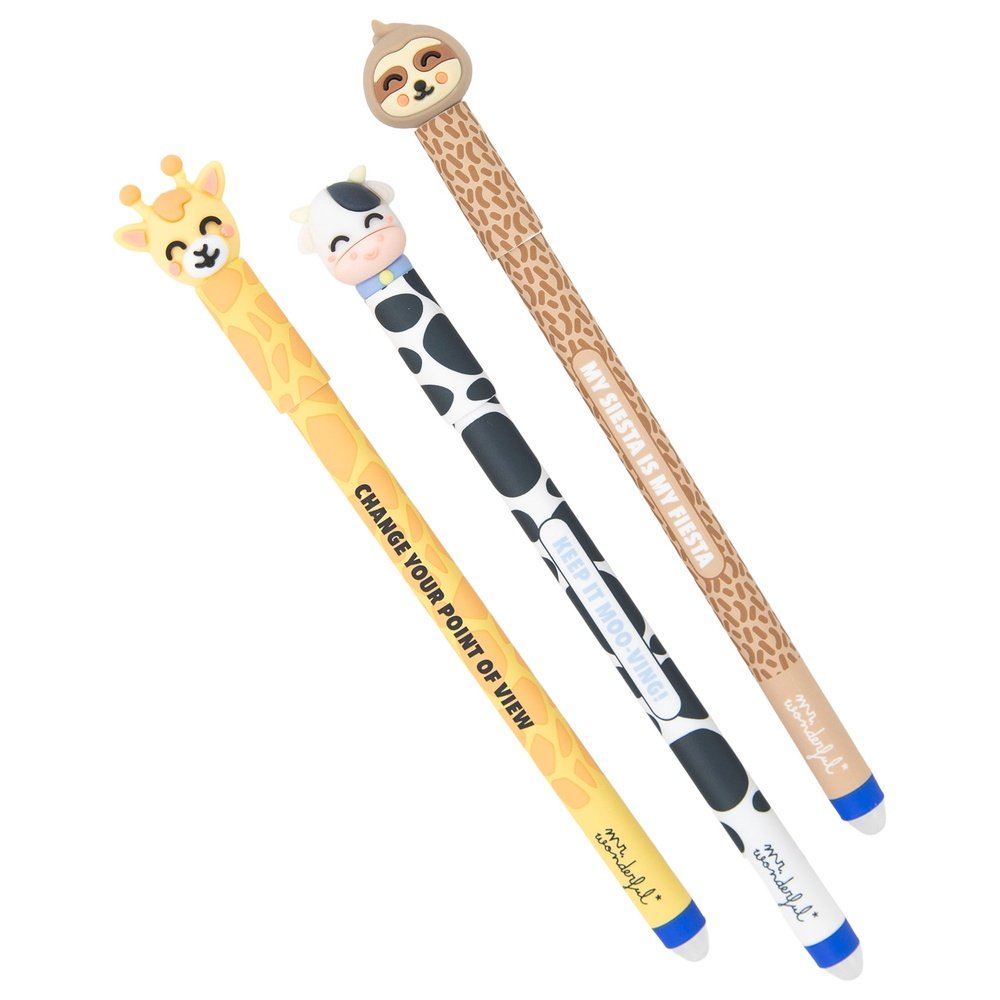 Set de 3 bolígrafos borrables Bo-bo Giraffe Cow and Sloth MR Wonderful