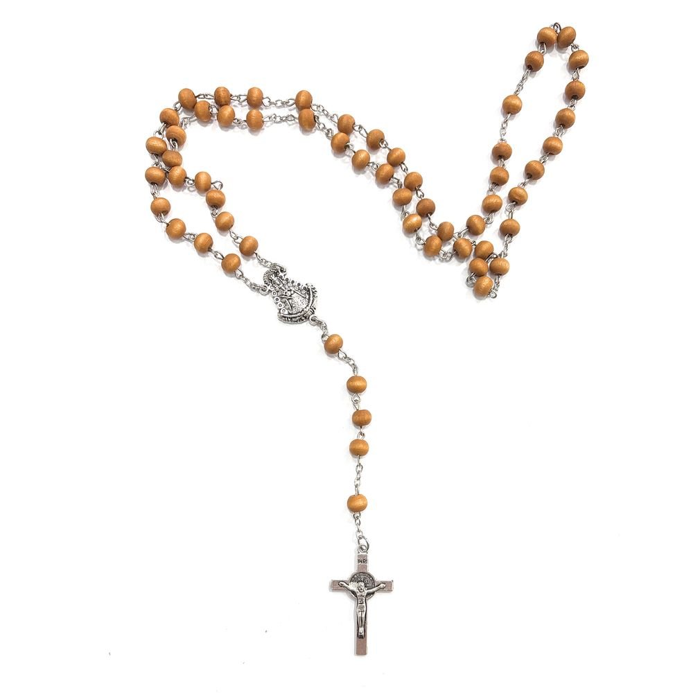 Rosario Madera Virgen del Rocío y Cruz San Benito 5 mm Plata Marca De Bussy