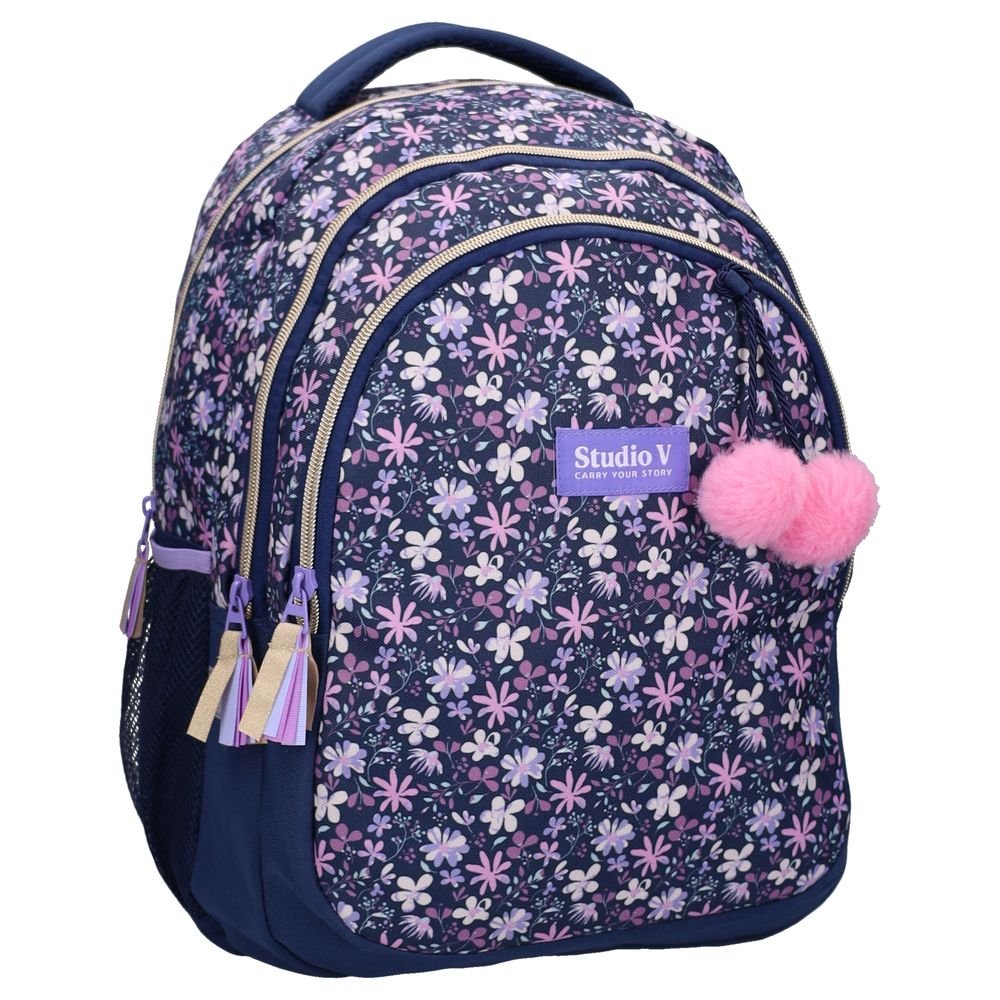 Mochila escolar doble Flower Bomb azul con pompon VADOBAG Imagen principal del producto