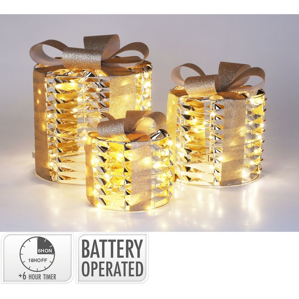 Set 3 Cajas Regalo 30 cm Oro con LED Koopman Christmas Imagen principal del producto