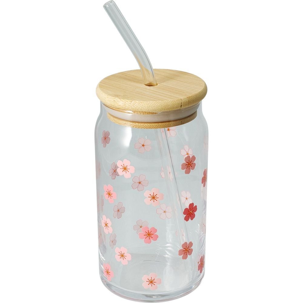 Vaso con Tapa Bambu y Pajita Flores 500ml Koopman