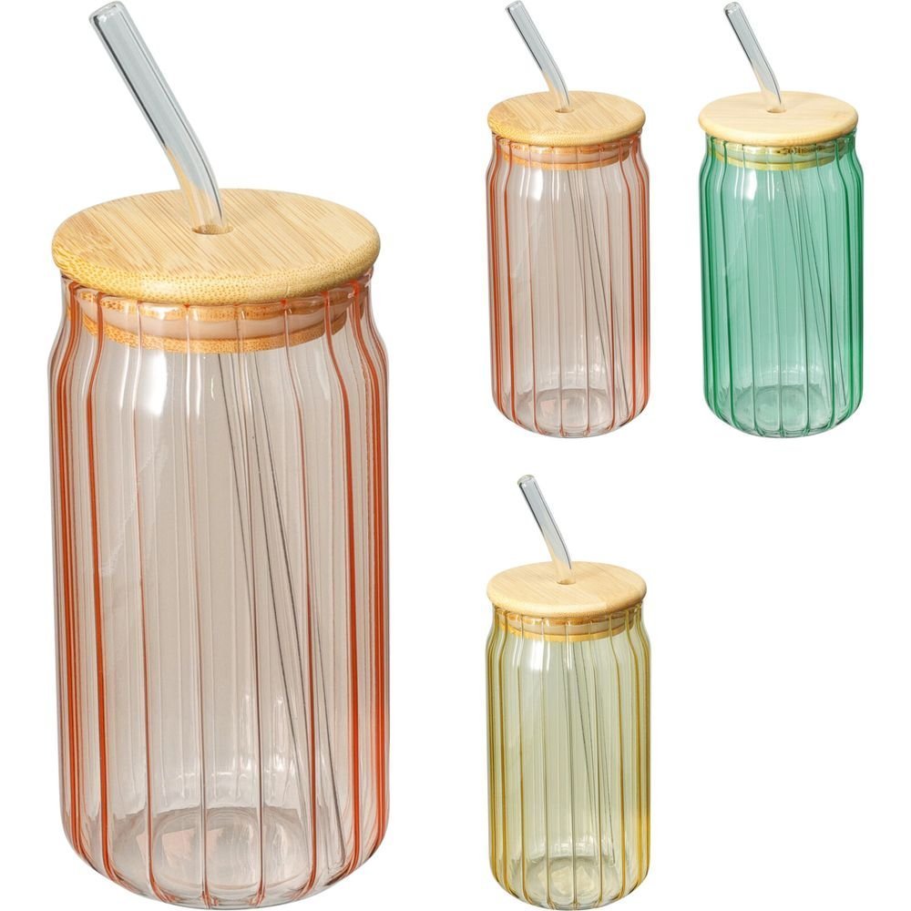 Vaso Contapa Bambu y Pajita Borosilicato 500ml Koopman