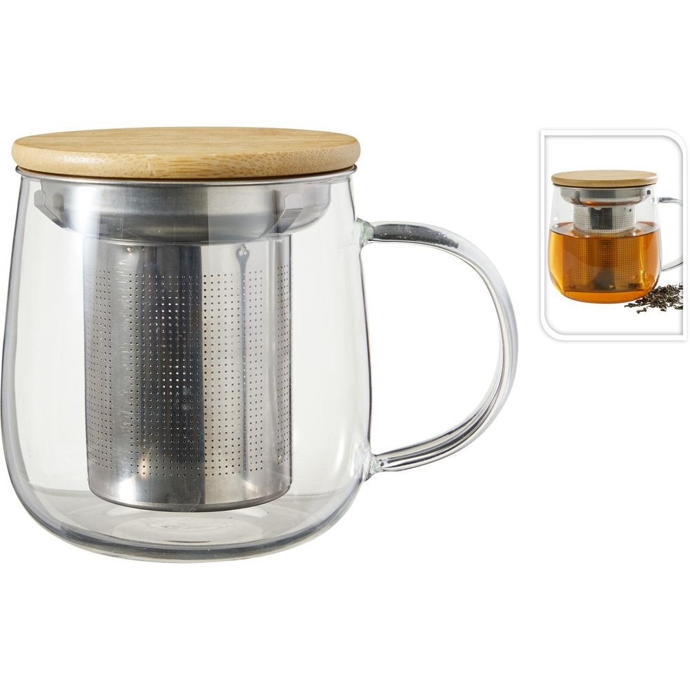 Taza de vidrio para té con infusor y tapa de madera Koopman
