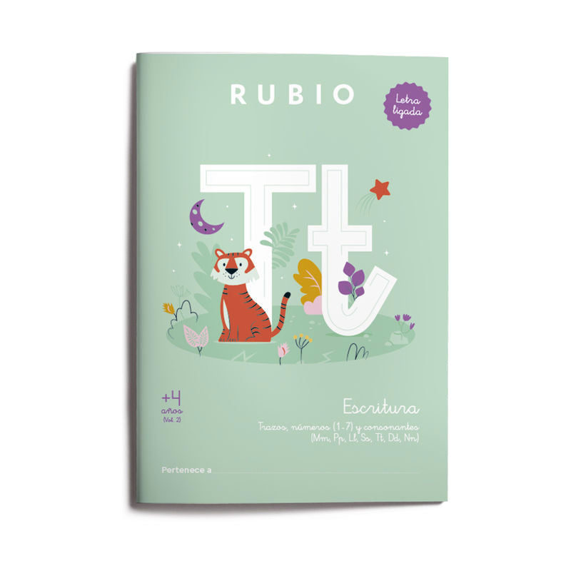 Escritura con letra ligada (+4 años) Vol. 2: Trazos, números (1–7) y consonantes (Mm, Pp, Ll, Ss, Tt, Dd, Nn). ENRIQUE RUBIO POLO SLU (Editorial Rubio) 9788410418110