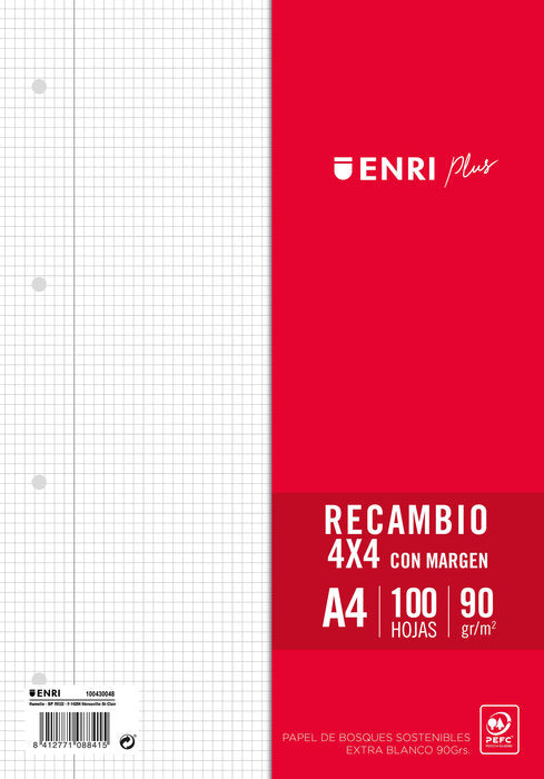 ✅ RECAMBIO FOLIO 100H 4 TALADROS CUADRO 4MM 90G ENRI Imagen principal del producto