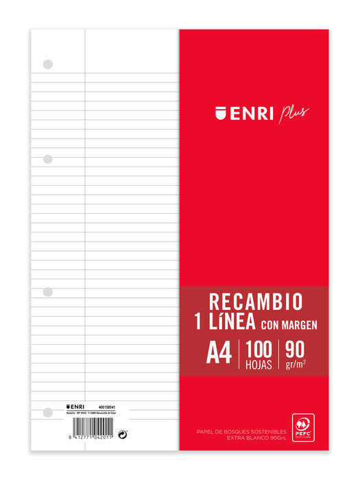 ✅ RECAMBIO FOLIO 100 HOJAS LINEAS HORIZONTAL 4 TALADROS ENRI Imagen principal del producto