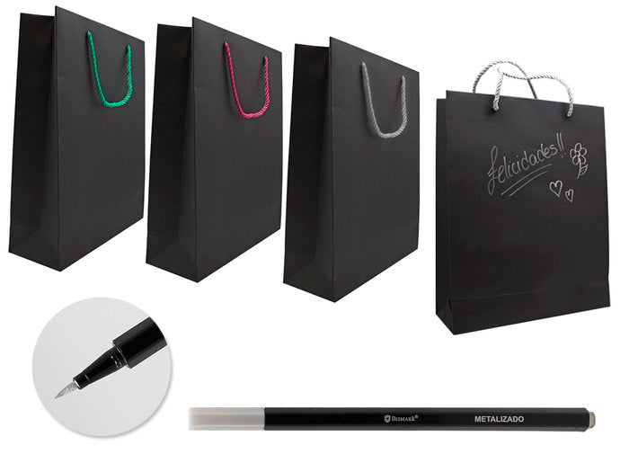 ✅ BOLSA DE REGALO PAPEL NEGRA PERSONIFICABLE + ROTULADOR envase 24 unidades Imagen principal del producto