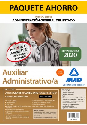 226 €  145,00 € IVA incluido Guardar para más tarde Mapa de librerías Paquete Ahorro Auxiliar Administrativo de la Administración General del Estado (turno libre) Imagen principal del producto